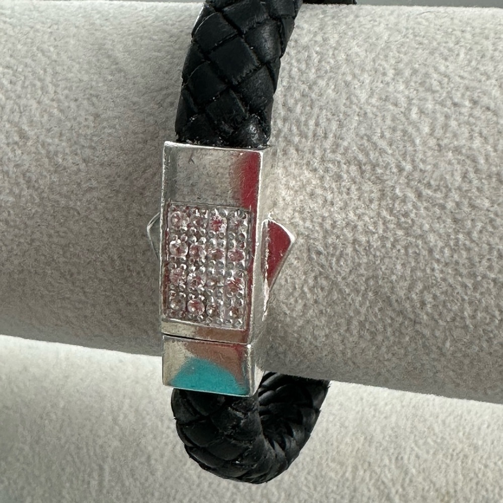 Sterling  Silver clasp Featuring Rhinestones on a Leather Braded Bracelet